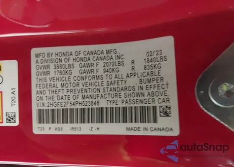 2023 Honda Civic Sport из США, поврежденный, VIN 2HGFE2F54PH523846